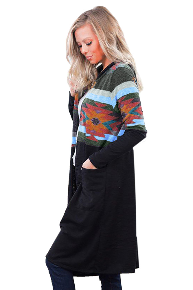 Black Aztec Open Long Cardigan
