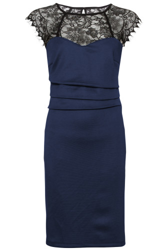 Sheer Lace Yoke Navy Sleeveless Bodycon Dress