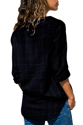 Blue Crepe Plaid Notched Neckline Blouse