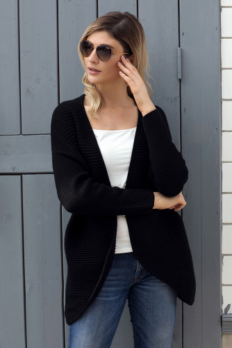 Black Ribbed Knit Lace Up Back Sweater Cardigan