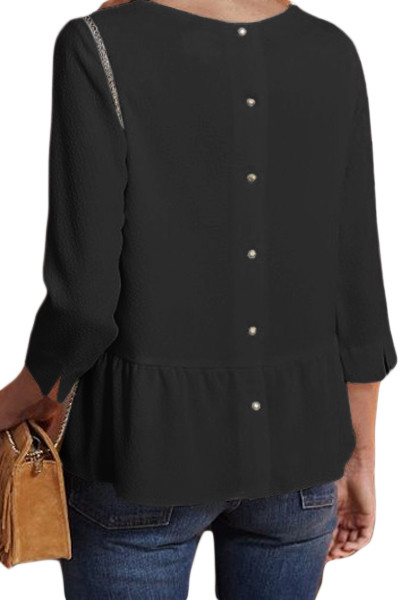 Black Button Back Lapel V Neck Blouse