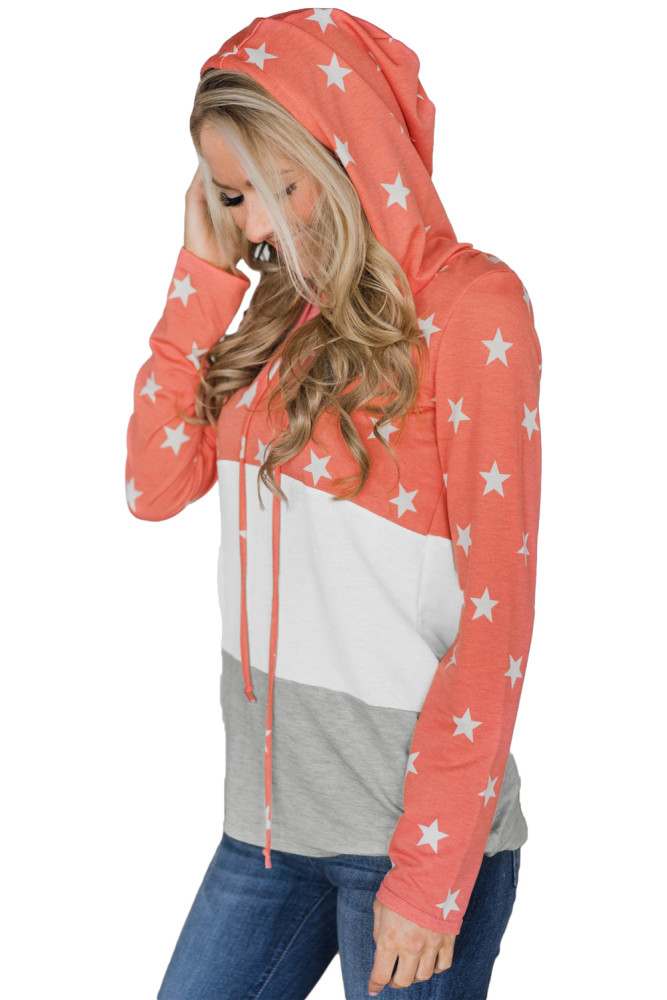 Coral Starry Splice Colorblock Drawstring Hoodie