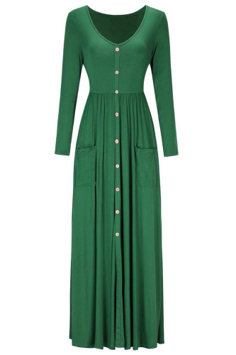 Hunter Green Button Front Pocket Style Casual Long Dress