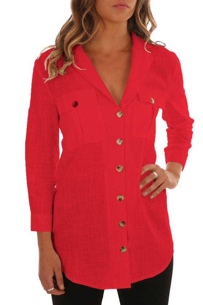 Red Buttoned Pockets Shawl Collar Linen Blouse