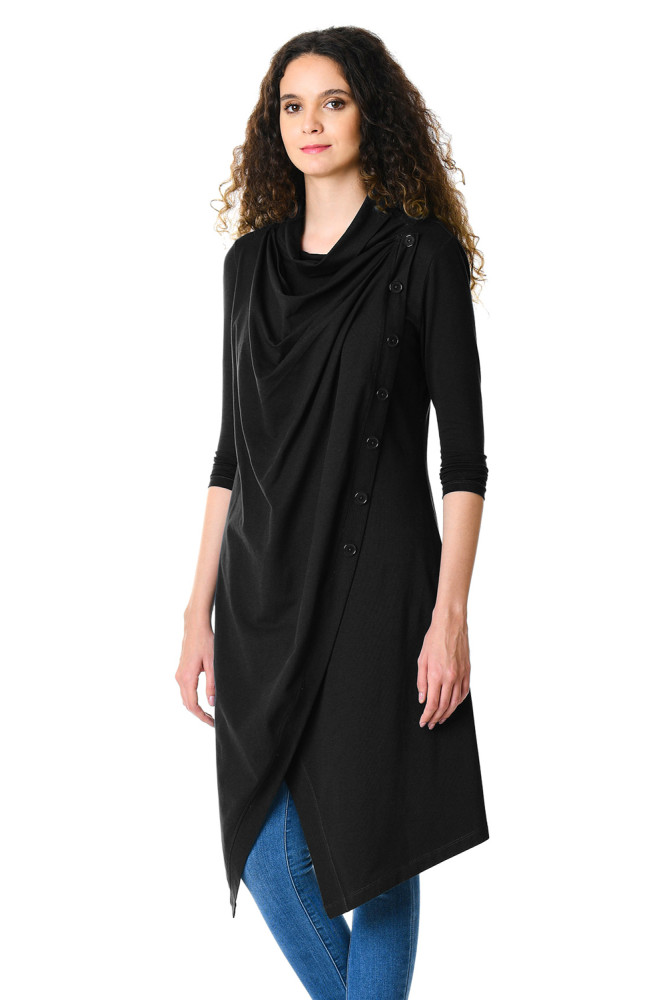 Black Cowl Neck Asymmetric Wrap Long Tunic