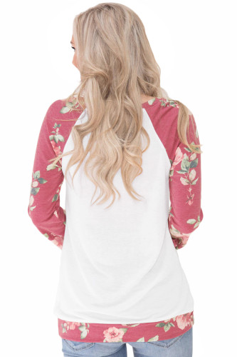 Red Floral Patchwork Kangaroo Pocket Sweatshirt