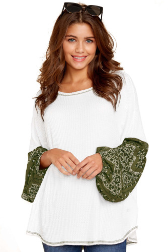 Green Print Bishop Sleeve White Knit Top