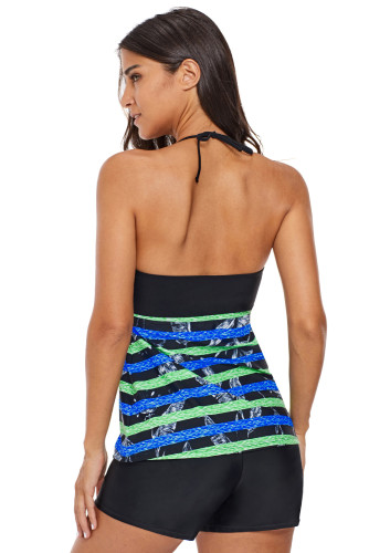 Striped Leaf Print Keyhole Halter Swim Top