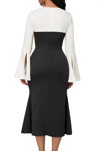 Long Bell Sleeve Black Sweetheart Patchwork Midi Dress