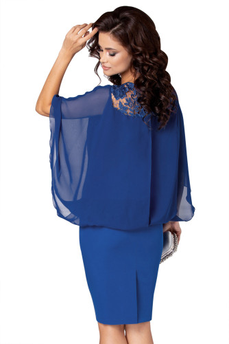 Cobalt Blue Crochet Lace Detail Elegant Poncho Dress