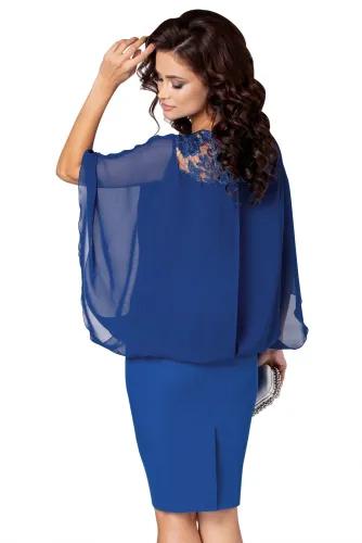 Cobalt Blue Crochet Lace Detail Elegant Poncho Dress