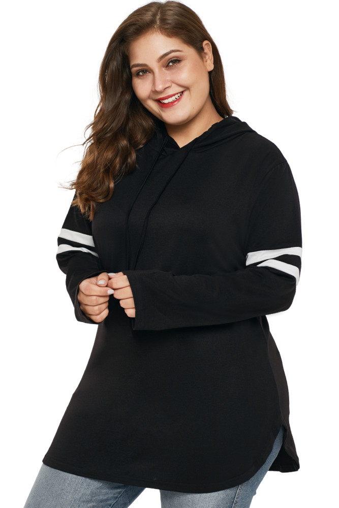 Black Plus Size Varsity Stripe Hooded Top