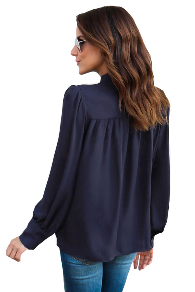 Navy Blue Demure Tie Neck Blouse for Women