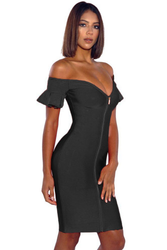 Black Off Shoulder Flared Sleeve Front Zip Bandage Dress