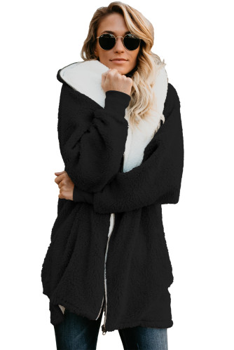 Black Zip Down Hooded Fluffy Coat