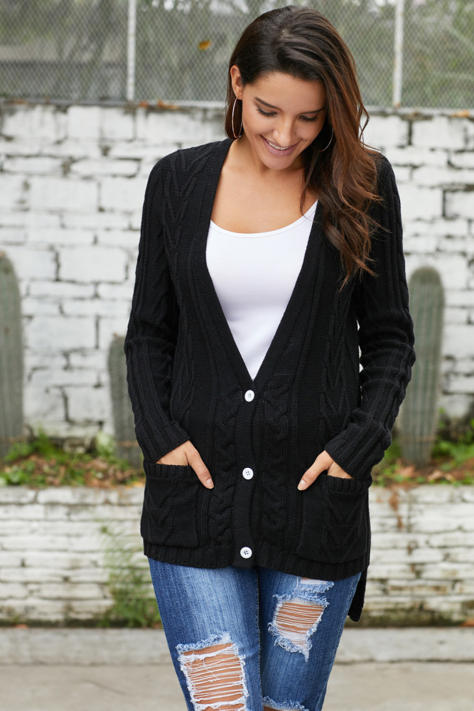 Black Button the Deep V Front Cable Sweater Cardigan
