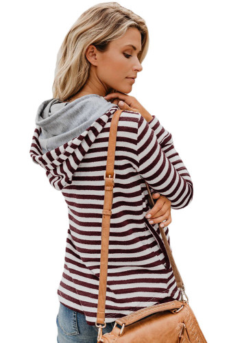 Burgundy Striped Button Detail Hoodie