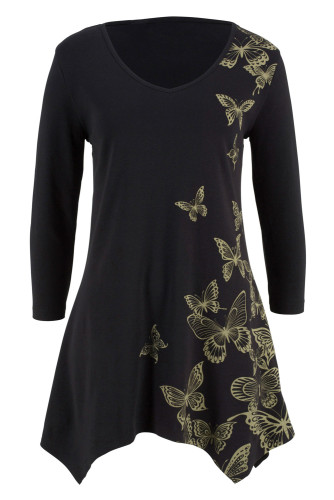 Black V Neck Butterfly Print Plus Size Top