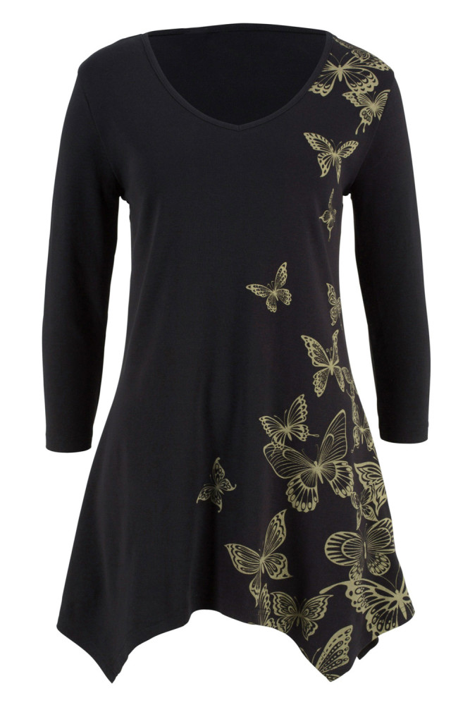 Black V Neck Butterfly Print Plus Size Top