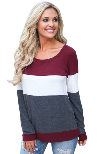 Burgundy White Gray Colorblock Long Sleeve Top