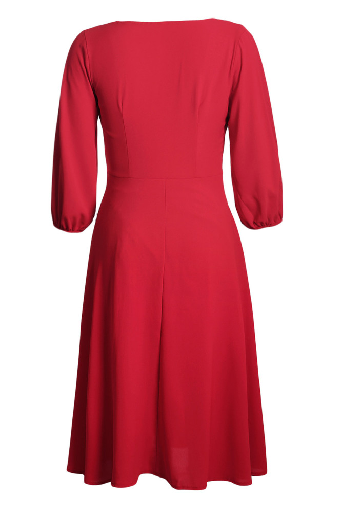 Red Button Front Balloon Sleeve Vintage Dress