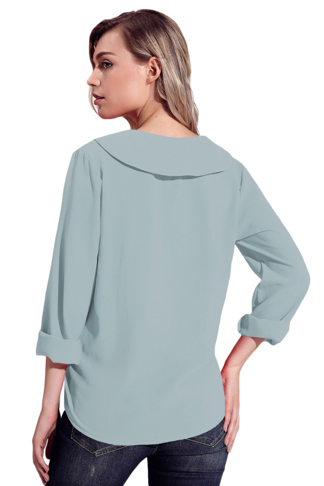 Grey Lapel V Neck Roll Sleeve Blouse