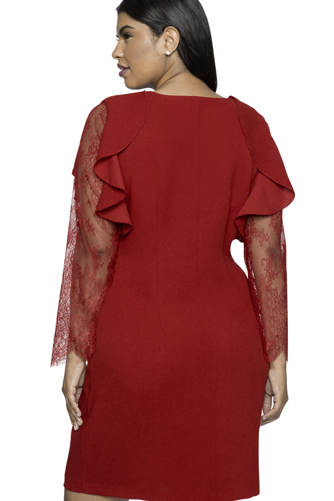 Red Ruffle Trim Lace Sleeve Plus Size Shift Dress