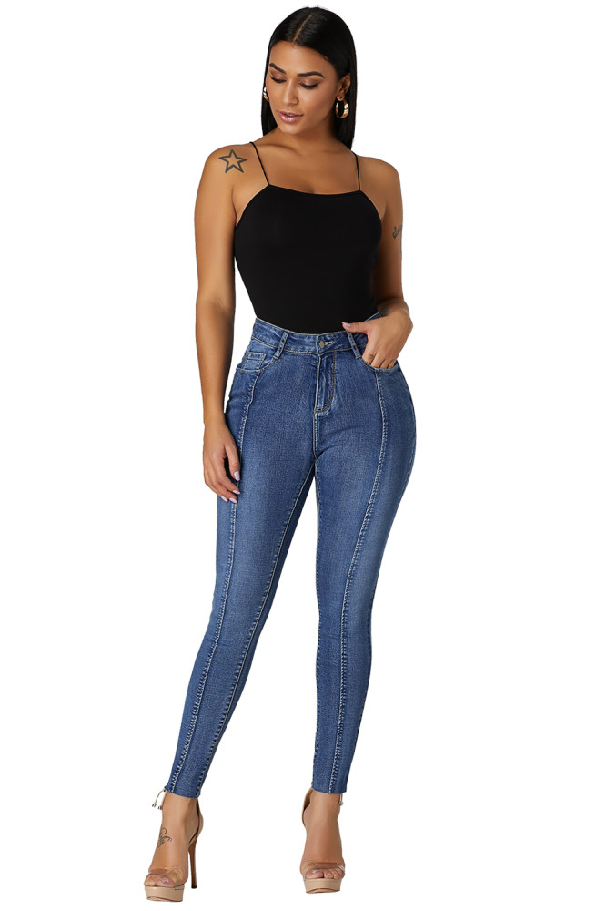 Retro Blue Designful Seam Accent Raw Hem Jeans