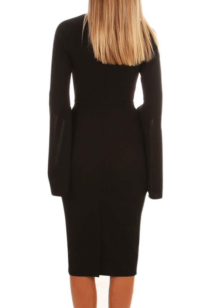 Black Split Bell Sleeves V Neck Bodycon Midi Dress