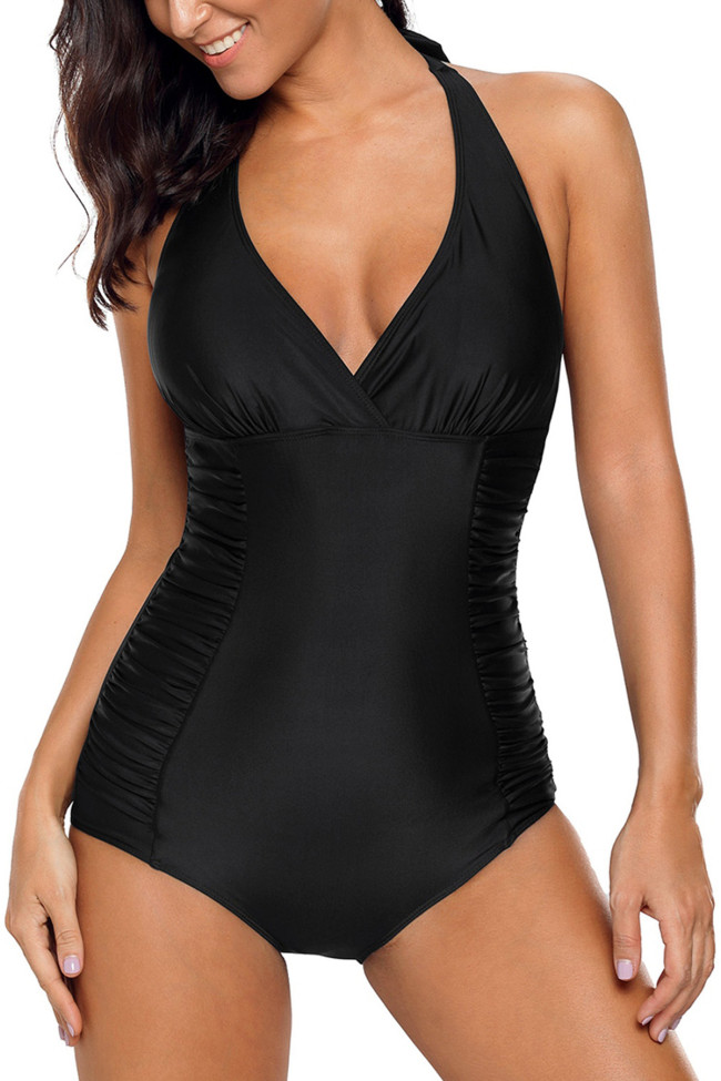 Black Pleated Halter One Piece Swimwear