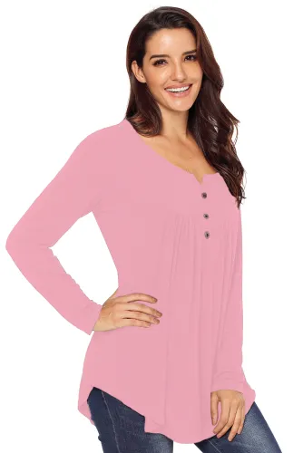 Pink Long Sleeve Button up Pleated Tunic