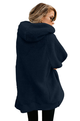 Navy Zip Down Hooded Fluffy Coat