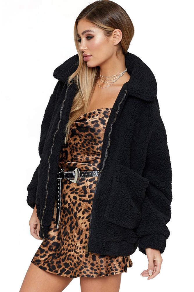 Black Lamb Wool Zipped Chunky Coat