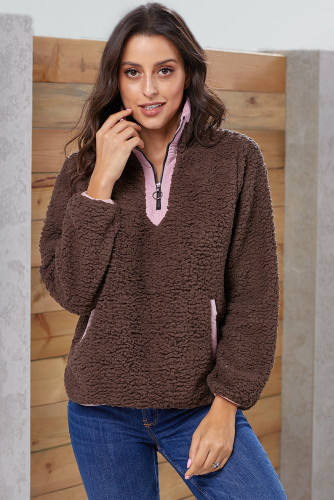 Brown Zip Neck Furry Sweatshirt
