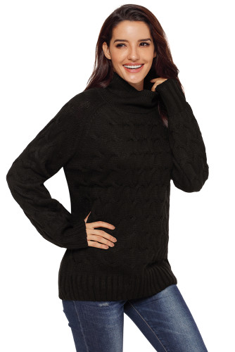 Black Cable Knit High Neck Sweater for Women