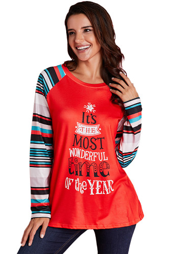 Red Letter Print Striped Long Sleeve T-shirt