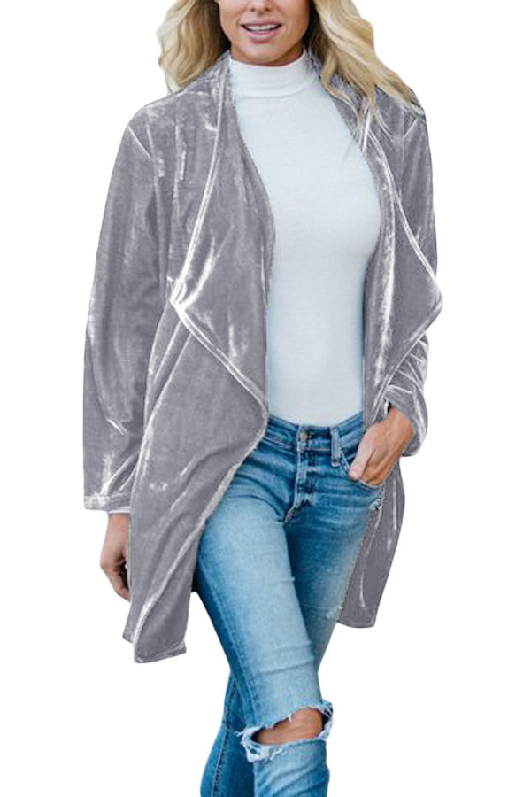 Gray Draped Open Front Velvet Jacket