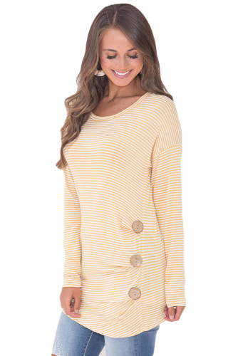 Yellow Pinstriped Button Detail Long Sleeve Top