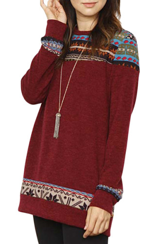 Burgundy Geometric Detail Casual Sweater
