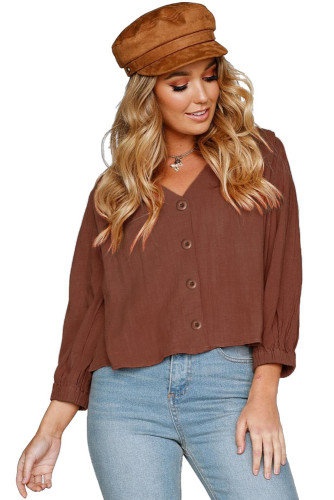 Rusty Button Down V Neck Chunky Linen Top