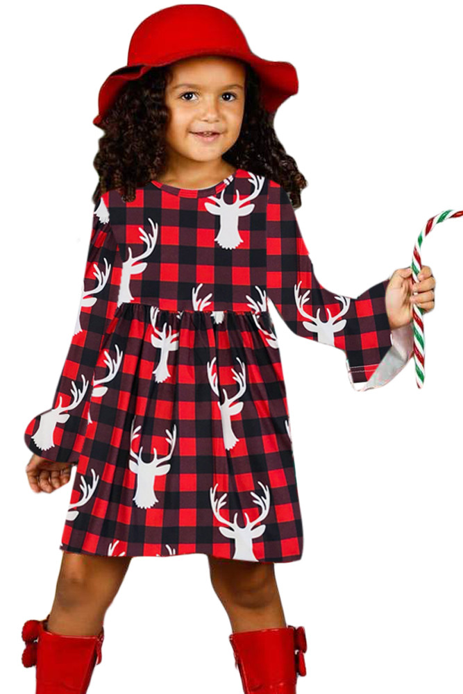 Buffalo Plaid Reindeer Christmas Little Girl Dress