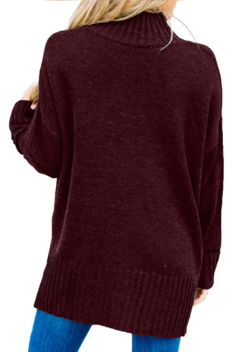 Burgundy Turn-up Sleeve Turtle Neck Sweater