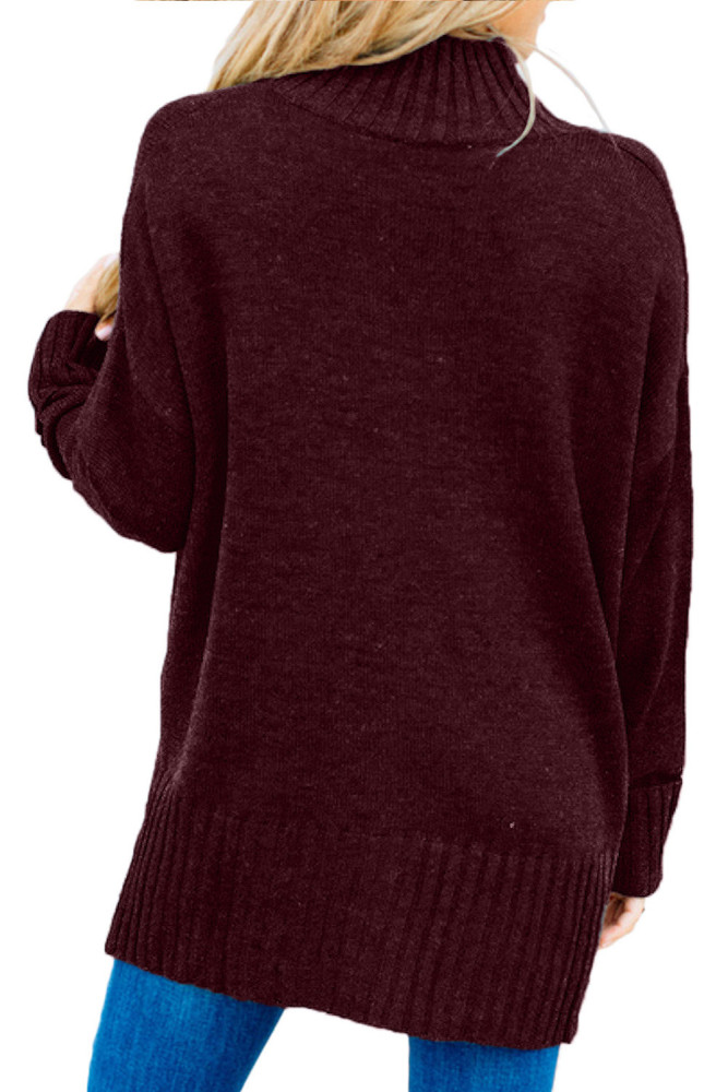 Burgundy Turn-up Sleeve Turtle Neck Sweater