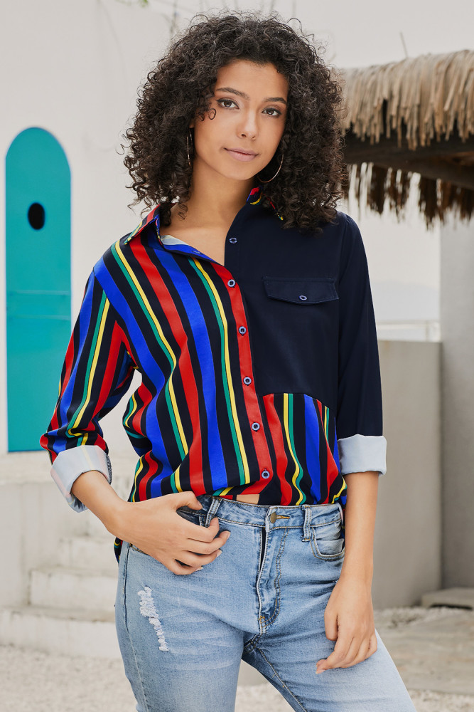 Black Colorblock Long Sleeve One Pocket Shirt
