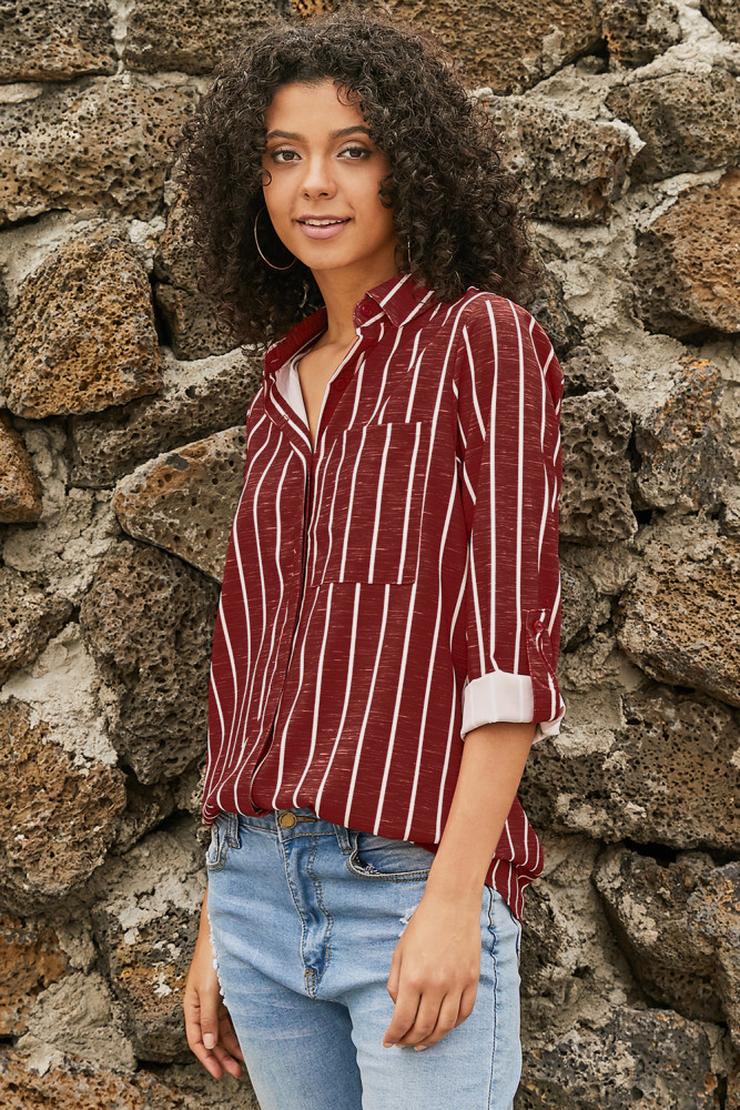 Burgundy Striped Roll Tab Sleeve Button Shirt