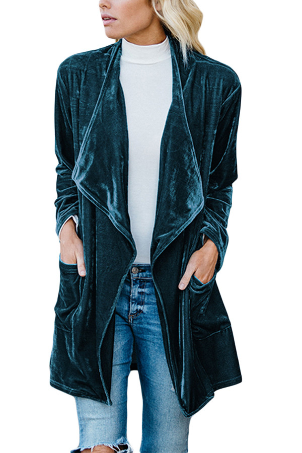 Green Draped Open Front Velvet Jacket