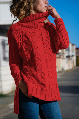 Red Turtle Neck Long Tail Cable Sweater