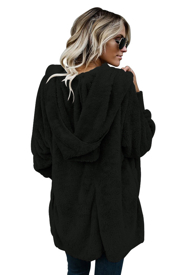 Black Soft Fleece Hooded Open Front Coat