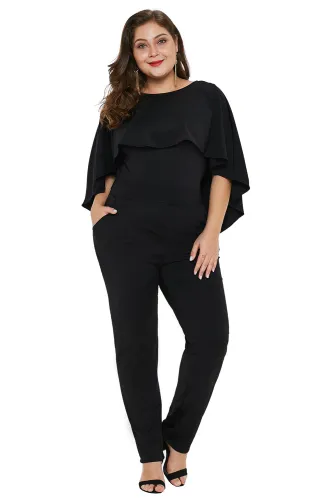 Black Plus Size Cape Ruffle Jumpsuit