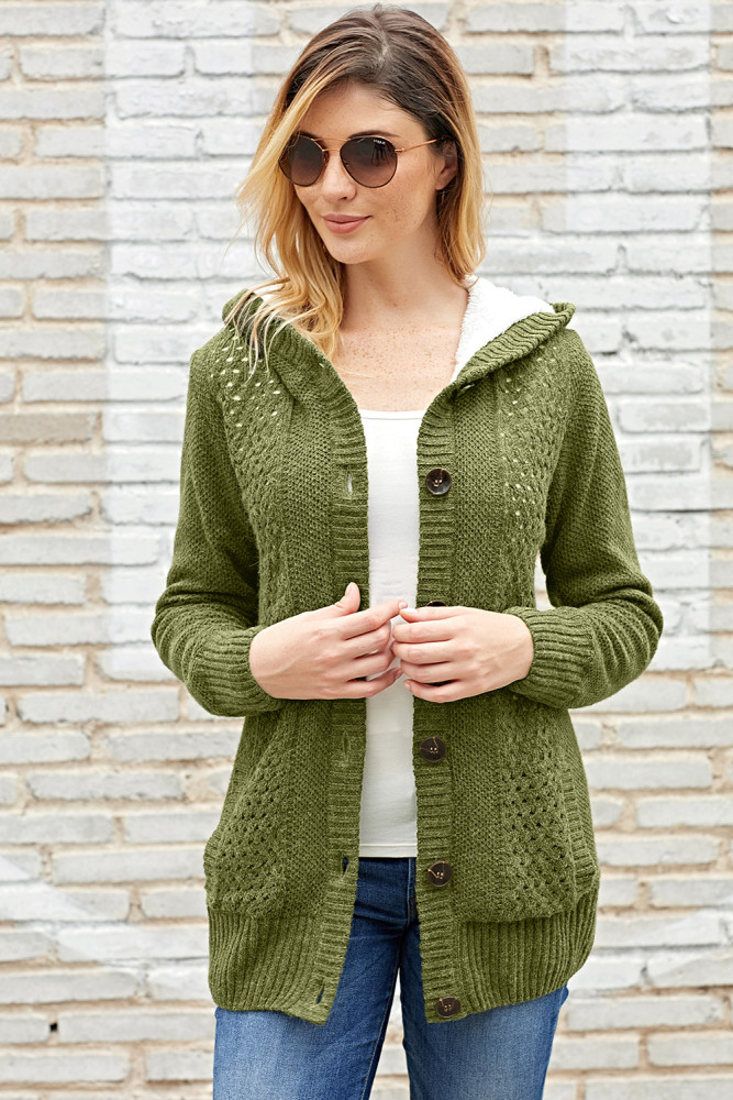 Fleece Hooded Olive Button Down Cardigan Sweater